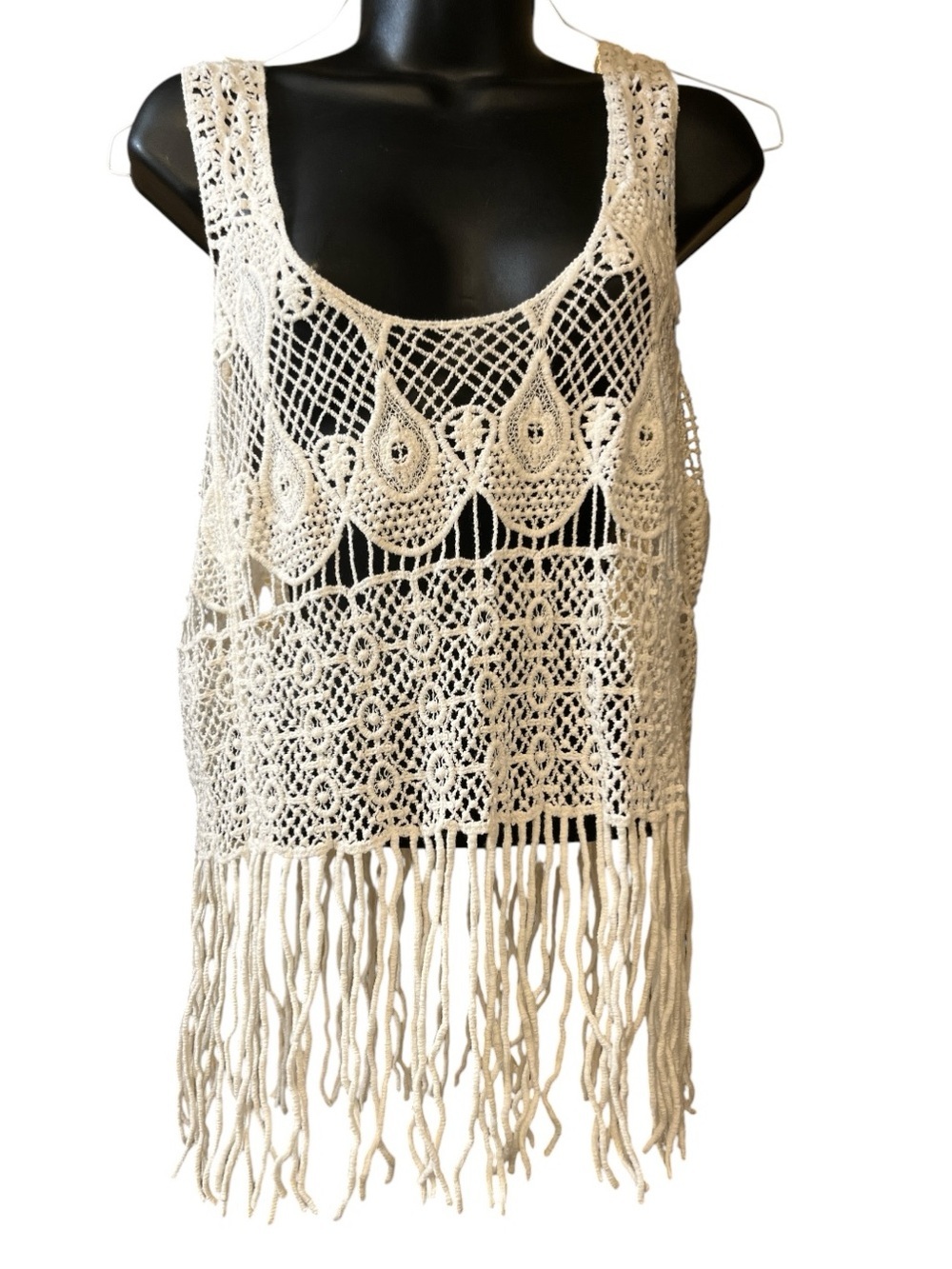 Gypsy Rose White Crochet Top with Fringe NWT